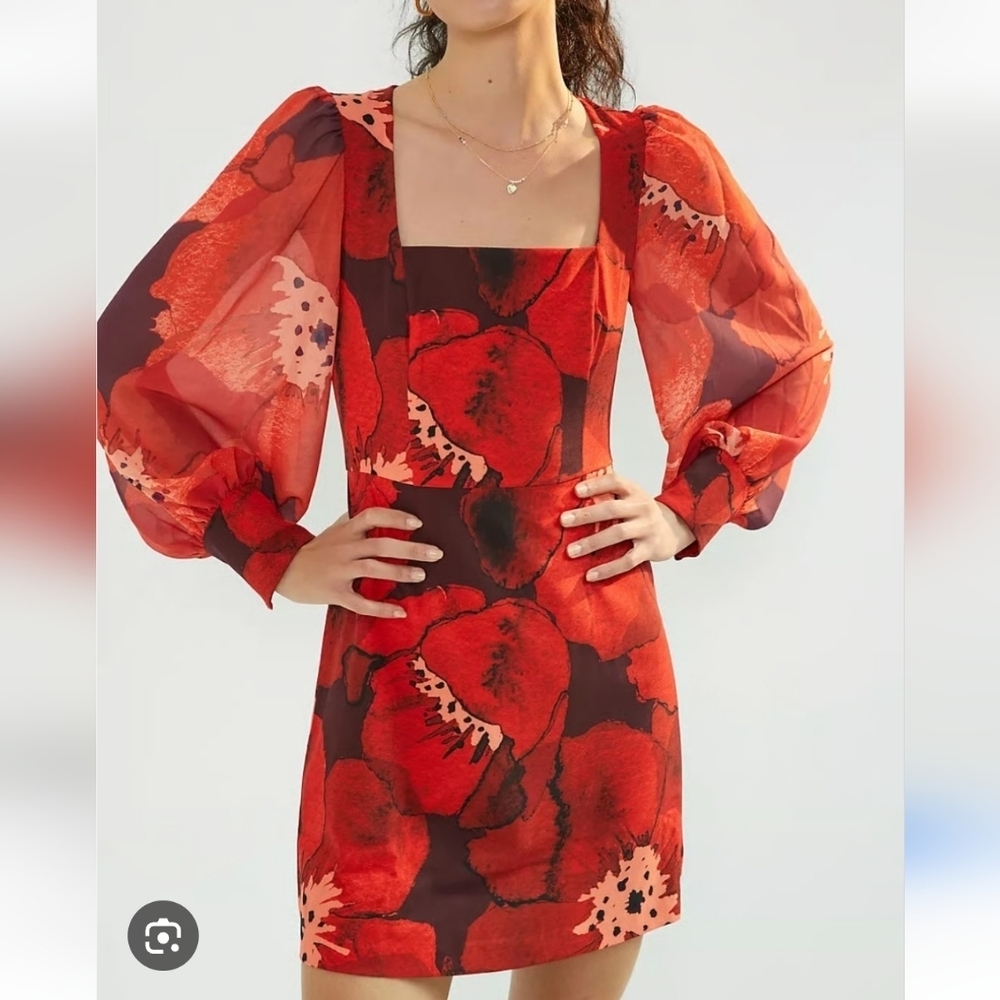 NWT Hutch Poppy Puff Sleeve Square Neck Mini Dress Size 12 Red Floral